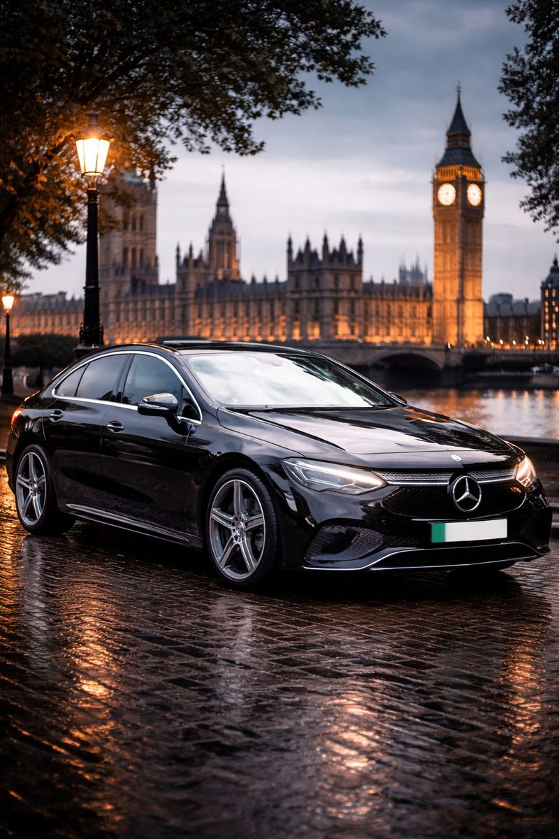Mercedes-Benz EQE chauffeur by the Houses of Parliament, London