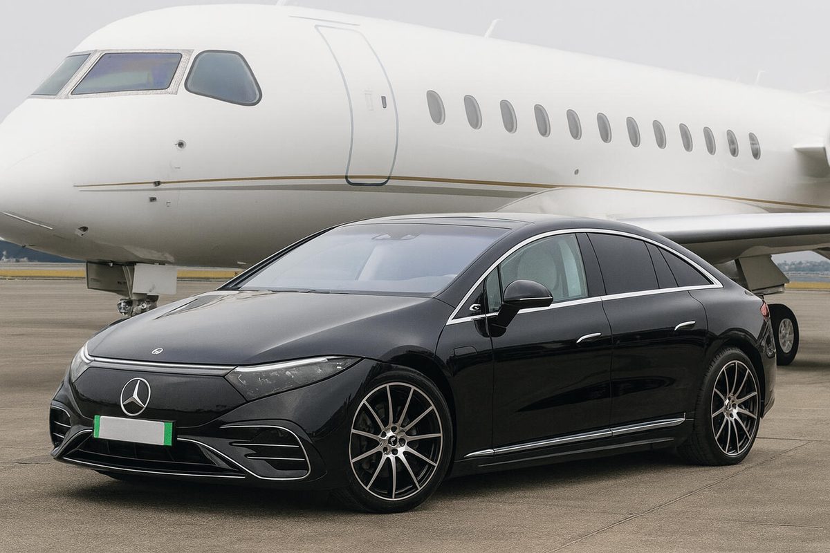 Black Mercedes-Benz EQE beside a private jet